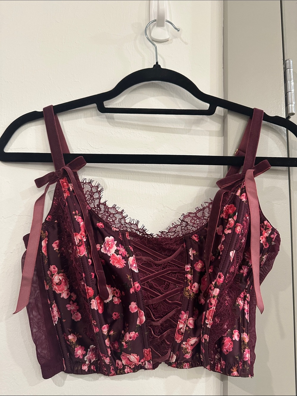 Victoria's Secret Burgundy Floral Lace-Up Bustier